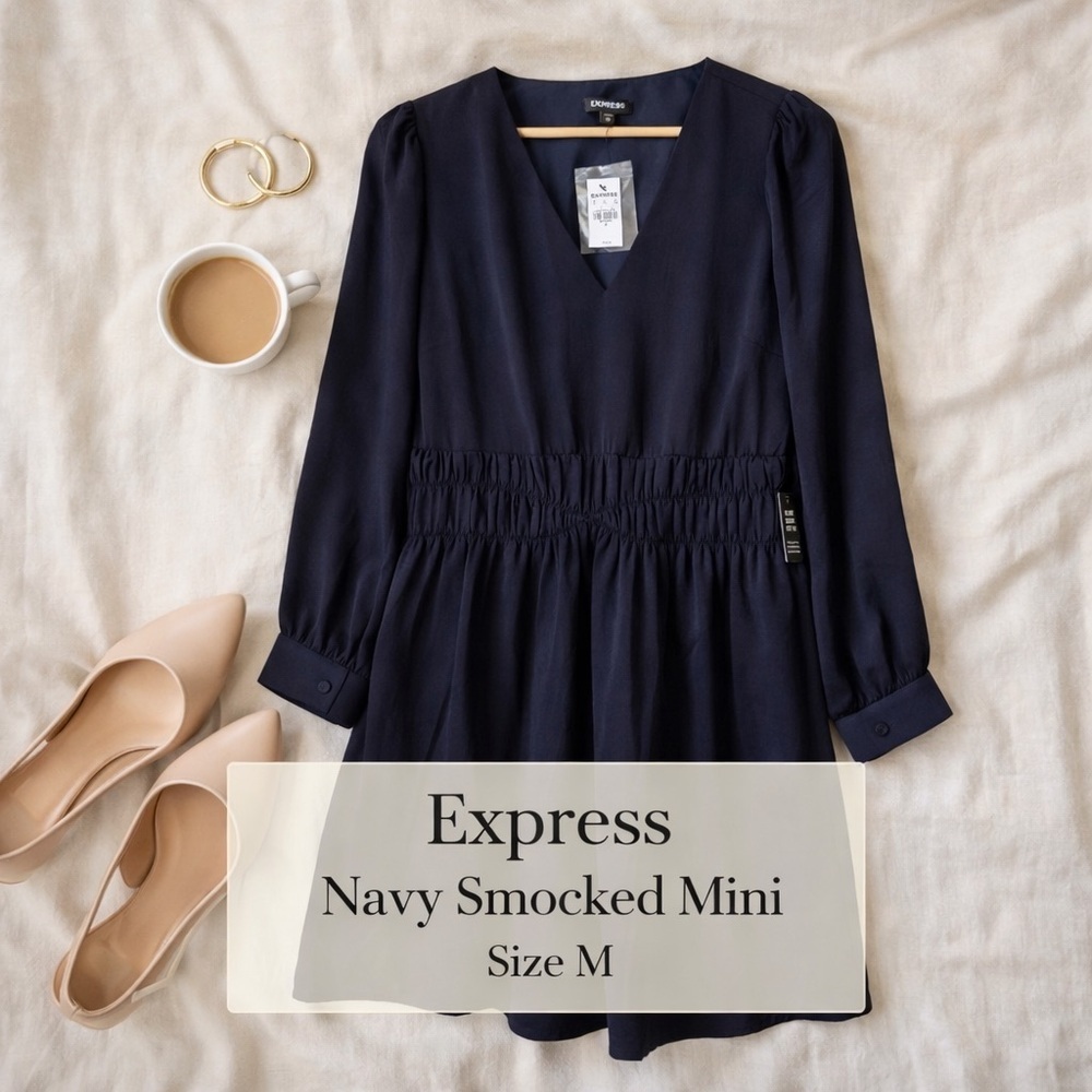Express Navy Smocked Waist V-Neck Mini Dress Size M NWT